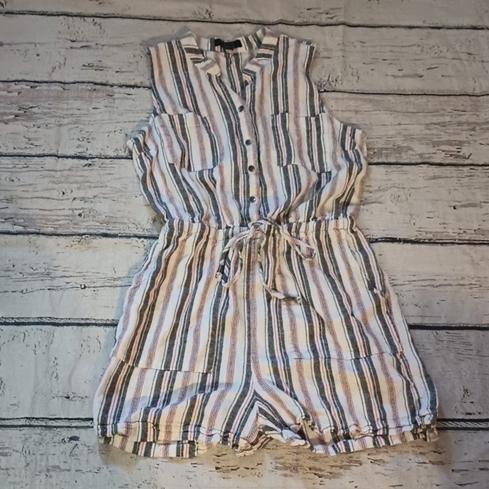 Kelly Renee Red Black White Striped Linen Blend Romper S